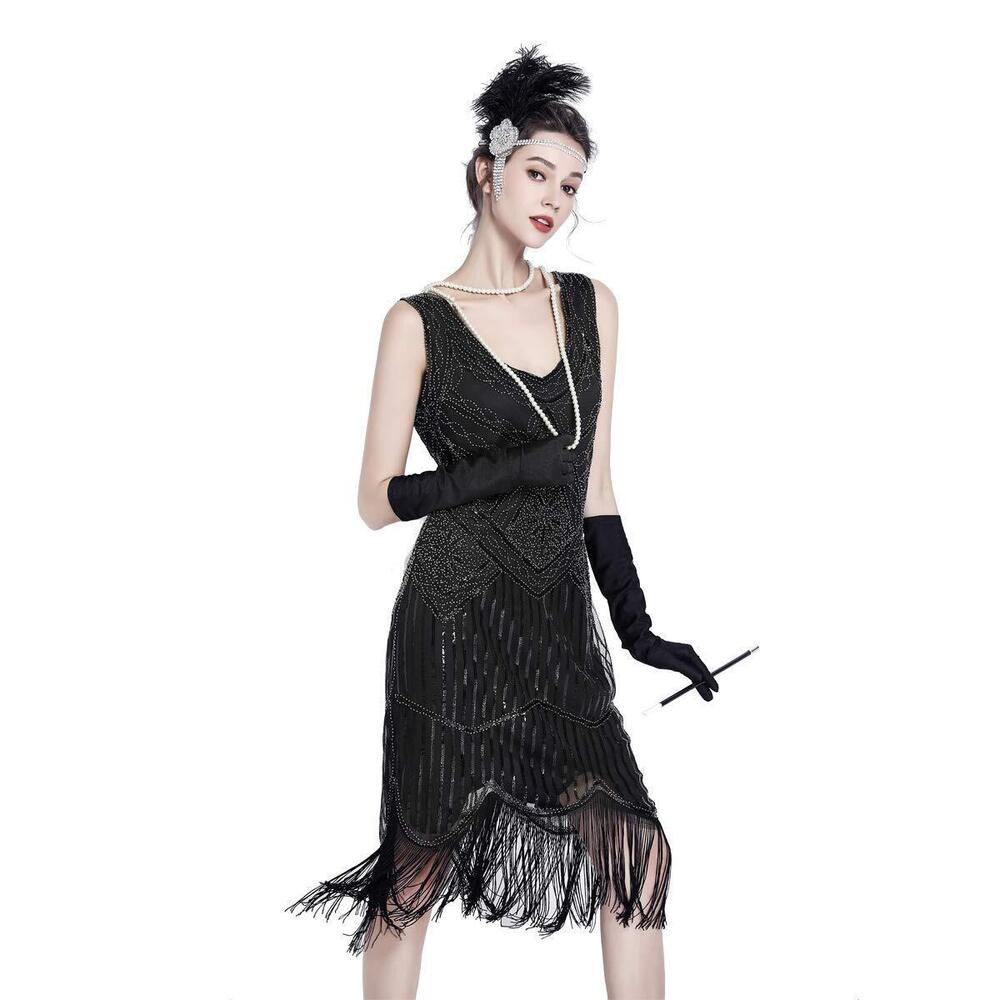 8474 Flapper Dresses 1920s Gatsby Great Roaring 20s 1920 Dress Black
